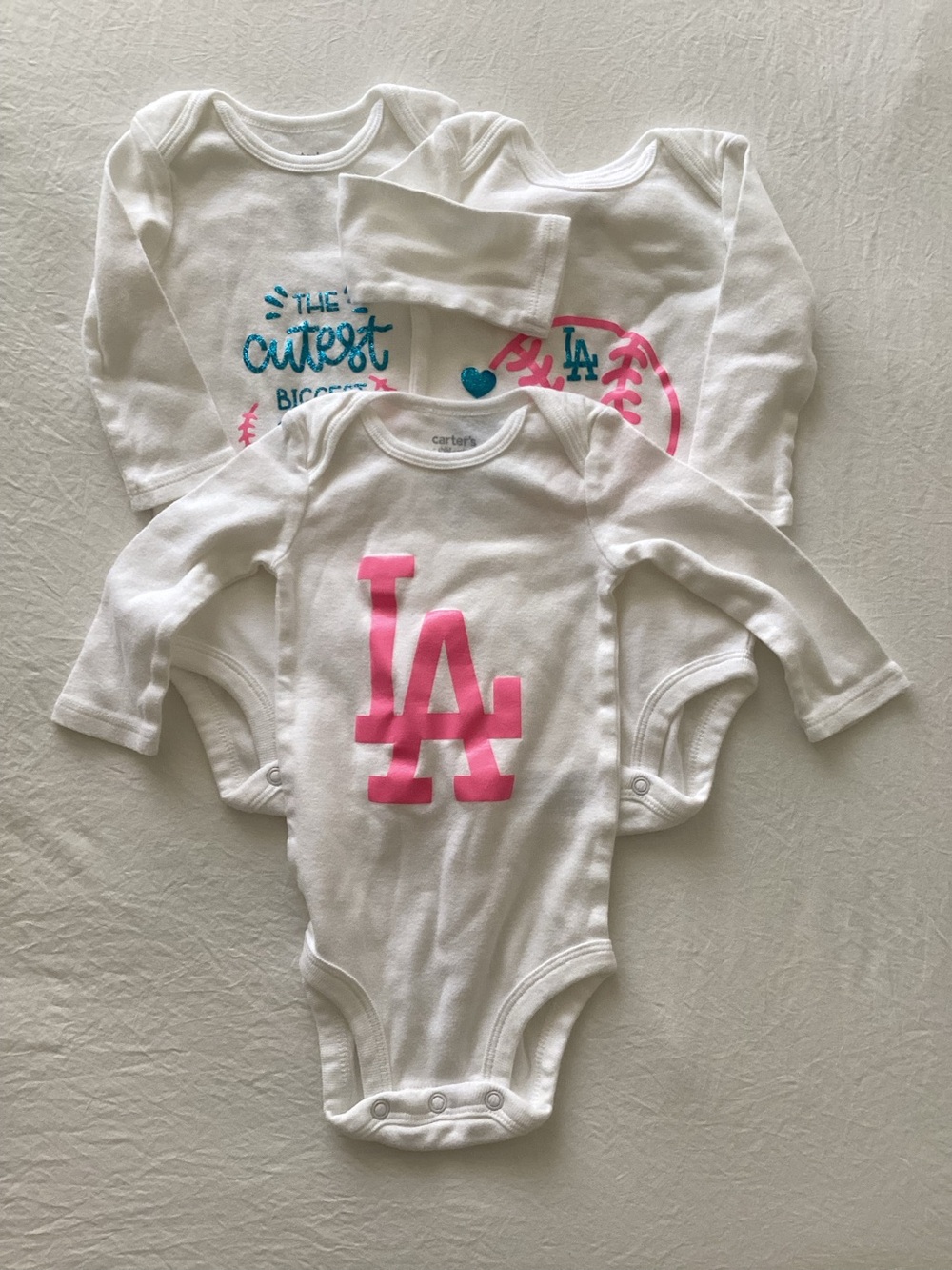 Carter's White Long-Sleeve One-Piece Trio with Pink & Teal Graphics